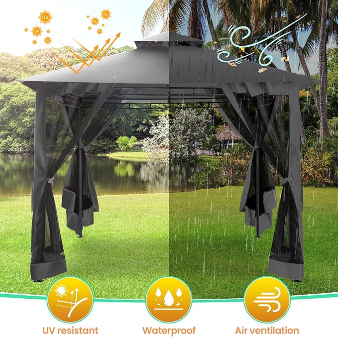 COBIZI Gazebo 10x10 Heavy Duty Gazebos with Improved Nettings Outdoor Gazebo Double Roof Patio Gazebos with Metal Steel Frame Outdoor Canopy for Patio, Deck, Backyard (Black)