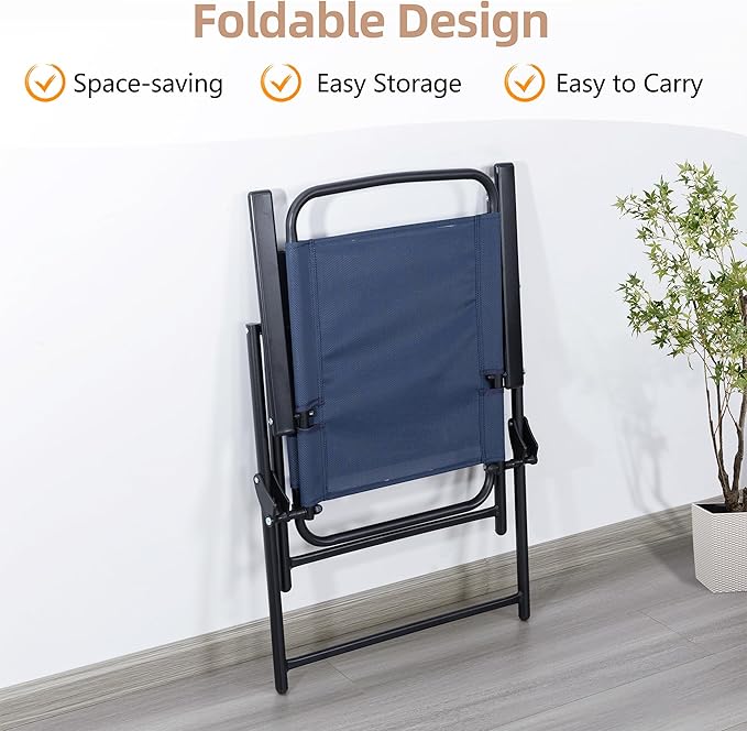 Vongrasig 6 Pieces Folding Patio Dining Set, All Weather Small Metal Outdoor Table and Chair Set, Garden Patio Furniture Set w/Umbrella, Glass Table & 4 Folding Chairs for Lawn, Backyard, Blue