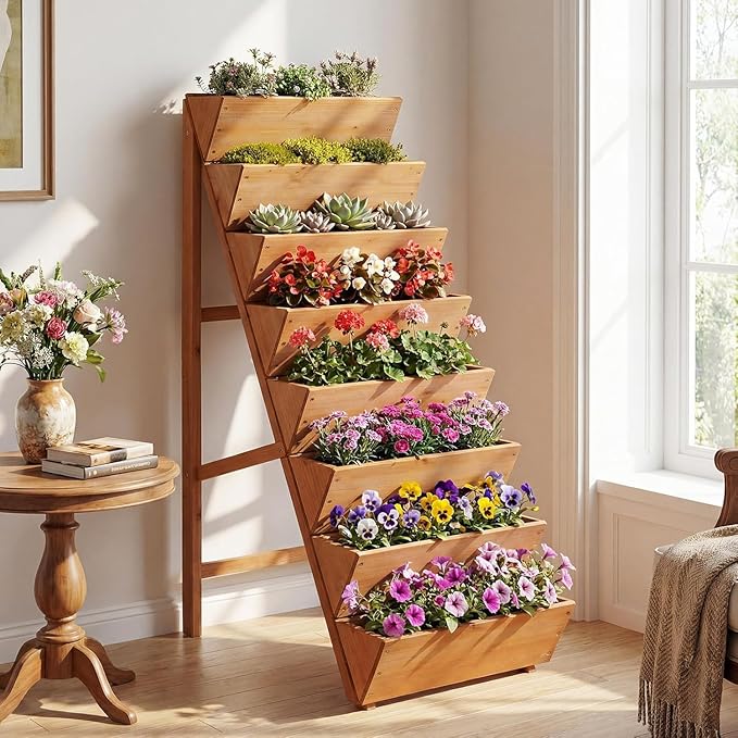Giantex 8-Tier Wooden Vertical Raised Garden Bed Set of 2, Freestanding Plant Stand with Legs for Herbs Vegetables Fruits, Indoor Outdoor Tiered Wood Planter Box Flower Rack for Patio, Balcony & Yard