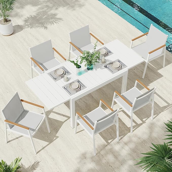 Outdoor Aluminum Patio Dining Table Set for 6-8 Person, Expandable Outdoor Table and 6 Chairs with Textilene Fabric & HDPS Armrest, All-Weather Patio Furniture Set for Yard, Garden, White