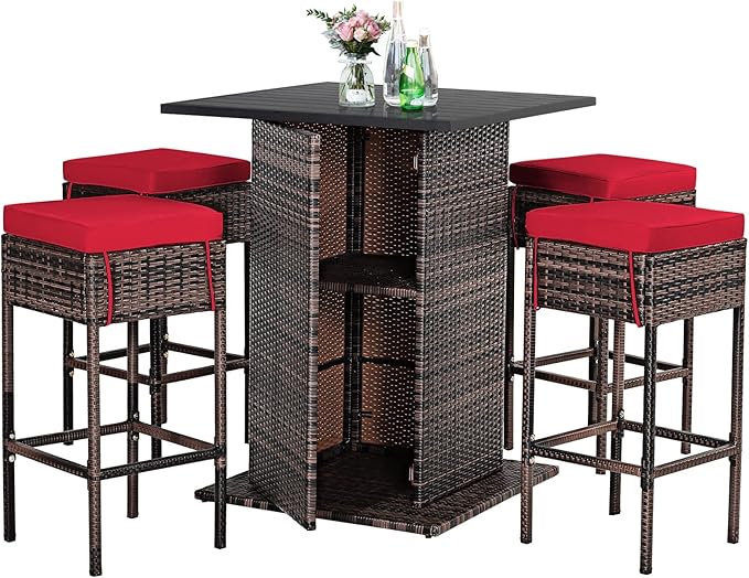 Tangkula 5 Piece Outdoor Rattan Bar Set, Patio Bar Furniture with 4 Cushions Stools and Smooth Top Table with Hidden Storage Shelf, Outdoor Conversation Set for Poolside, Backyard, Lawn (Red)
