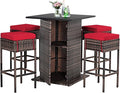 Tangkula 5 Piece Outdoor Rattan Bar Set, Patio Bar Furniture with 4 Cushions Stools and Smooth Top Table with Hidden Storage Shelf, Outdoor Conversation Set for Poolside, Backyard, Lawn (Red)