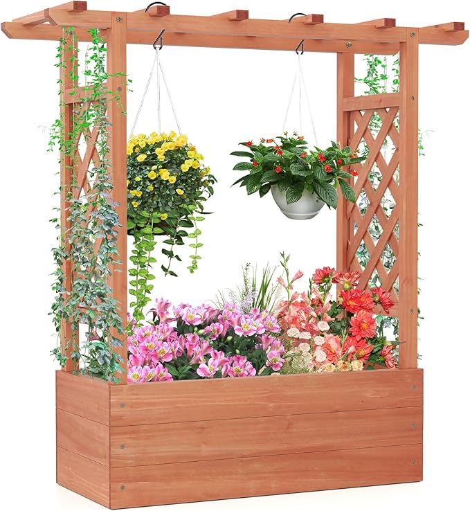 Giantex Raised Garden Bed with 2-Sided Trellis & Hanging Roof, Fir Wood Planter Box w/Drainage Holes, Freestanding Garden Planter for Flowers Herbs Climbing Vines (43"x15"x45")