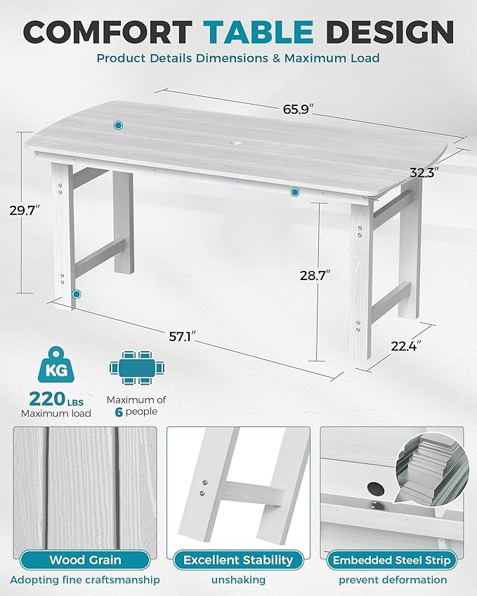Ciokea HDPE Outdoor Dining Table with Umbrella Hole,66" Rectangle Patio Table for 6,All-Weather Outdoor Patio Furniture Set for Garden Backyard,White