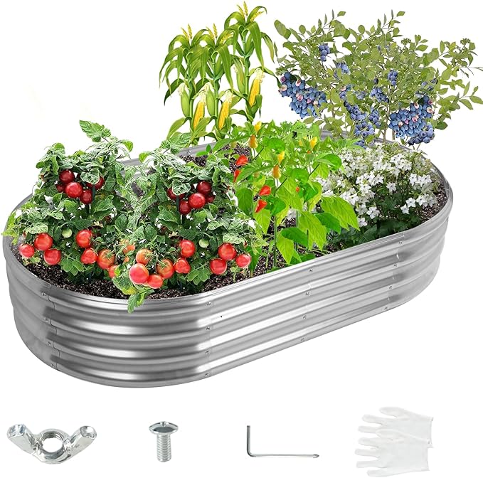 5X2.7X1 FT Oval Galvanized Metal Garden Raised Bed/Plant Box for Planting,32 Inches Diameter Iron Fire Pit Ring,Small Animal Fence-3 in 1 Modular Design in Black (Silver, 60X32X11.5 Inches)