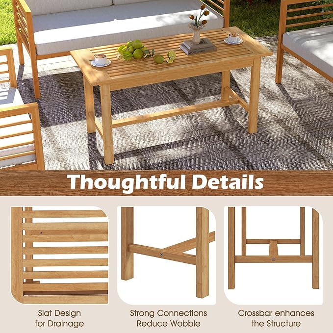 Tangkula 36” Patio Coffee Table, Solid Wood Coffee Table with Slatted Tabletop, Outdoor Rectangular Side Table, Solid Teak Wood Cocktail Tea Table, Home Accent Table for Poolside, Backyard, Garden