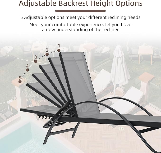 Shintenchi Patio Chaise Lounge Set of 2, Pool Chaise Lounge with Arm,Outdoor Lounge Chair with 5 Adjustable Backrest,Sunbathing Recliner,Beach Chair,Pool Chairs,Light Grey