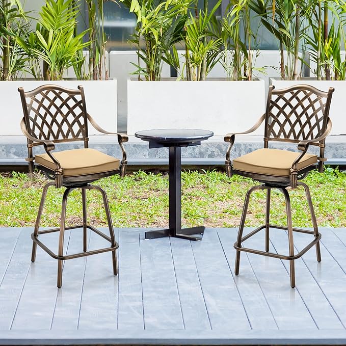 VINGLI Outdoor Swivel Bar Stools Set of 2, Cast Aluminum All-Weather Patio Bar Height Chairs, Patio Bar Dining Chairs Outdoor Swivel Patio Furniture (Grid Back)