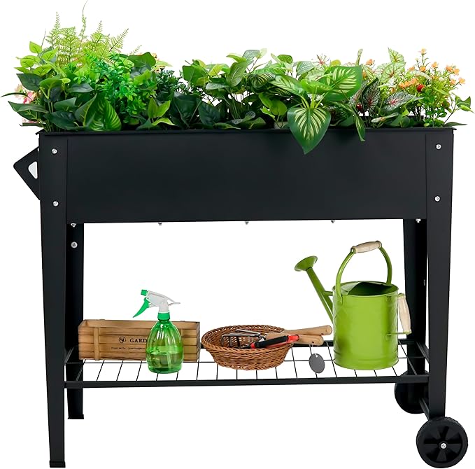 Raised Garden Bed with Legs and Wheels Removable for Outdoor, 31.6 * 14.6'' Metal Planter Raised Box for Growing Vegetables Herb Flower in Patio(Black)