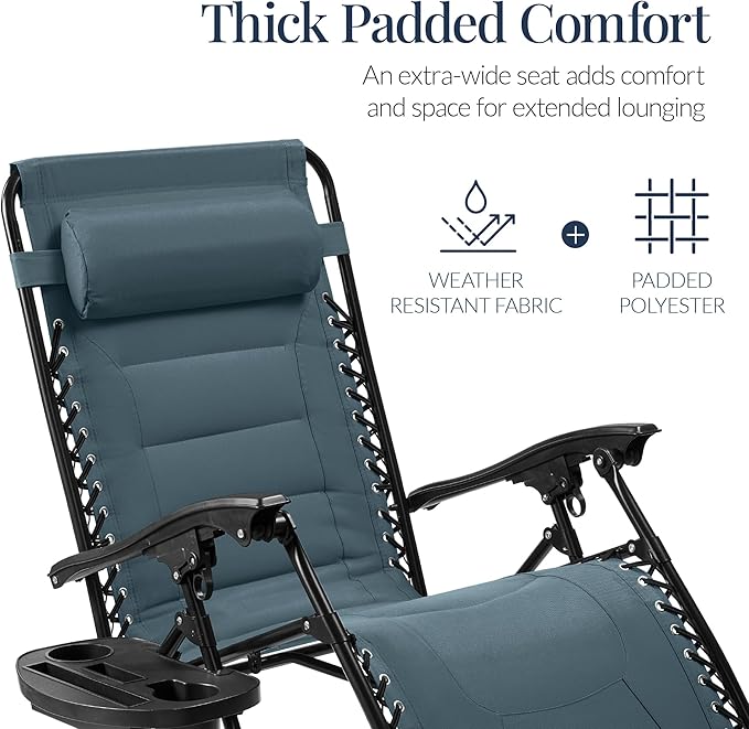 Best Choice Products Oversized Padded Zero Gravity Chair, Folding Outdoor Patio Recliner, XL Anti Gravity Lounger for Backyard w/Headrest, Cup Holder, Side Tray, Polyester Mesh - Slate Blue