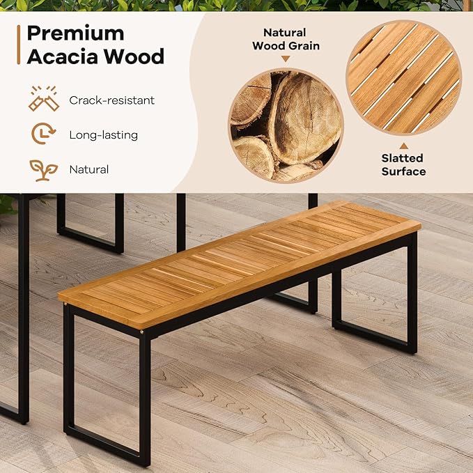 Tangkula 6 Pieces Outdoor Acacia Wood Dining Set, Patio Table and Chairs Set with Bench and 2” Umbrella Hole, Outdoor Patio Dining Furniture Set for Lawn, Garden, Poolside, Backyard