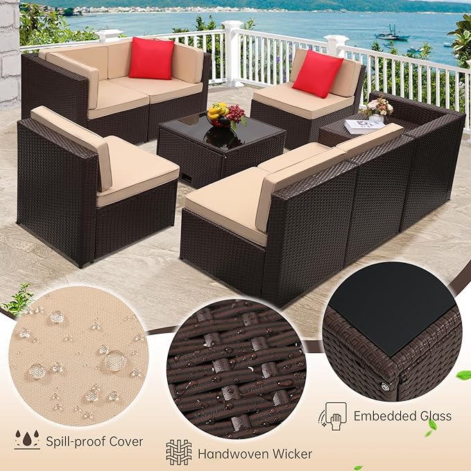 8-Piece Patio Furniture Set, Outdoor Wicker Rattan Sectional with Thick Cushions, Glass Top Table with Hidden Storage, Outdoor Conversation Set for Backyard, Porch, Patio, Beige