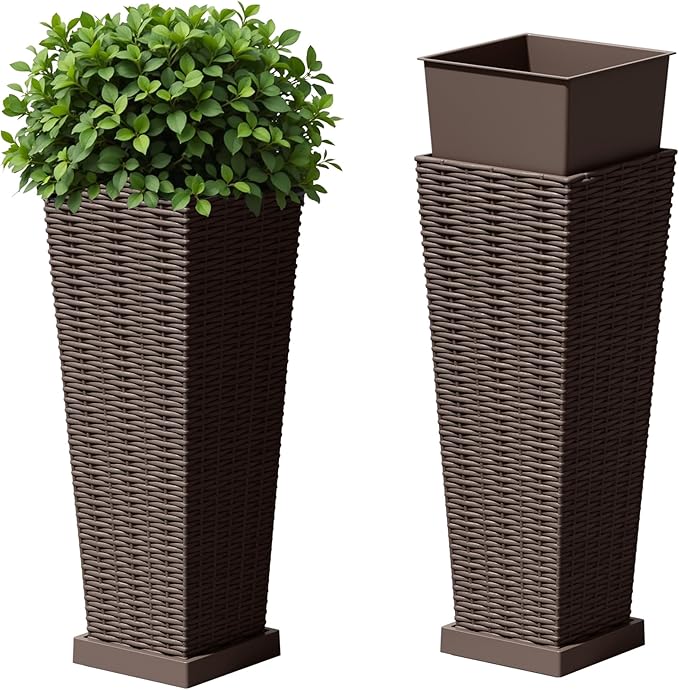 Devoko Resin Tall Planters with Tray for Outdoor Plants Set of 2, Large Taper Outdoor Planter Pots with 4 Drainage Holes, Flower Pots Modern Decor for Porch, Patio, Backyard, Garden(Brown, 24")