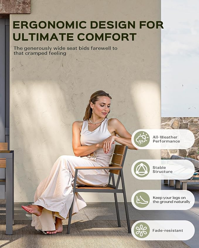 7-Piece Outdoor Dining Set, Aluminum Dining Table Set for 6, Patio Table and Chairs Set with Umbrella Hole, All Weather HDPS Outdoor Table and Chairs for 6 (Gray-Teak)