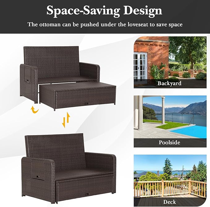Tangkula Patio Rattan Daybed with 4-Level Adjustable Backrest, Outdoor PE Wicker Loveseat with Storage Ottoman & Folding Side Tray, Double Sunbed Lounger for Balcony, Backyard & Poolside, Black