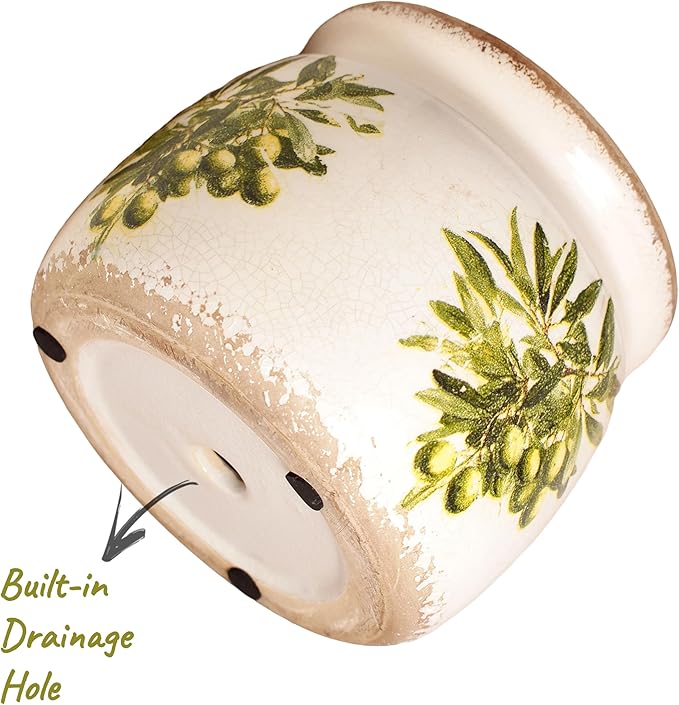 Mediterranean Ceramic Plant Pots with Olives Branches Pattern, 6 Inch Tuscan Planter for Indoor Plants, Rustic Farmhouse Home Kitchen Decor, Tuscan Vase for Centerpiece, Olive Green