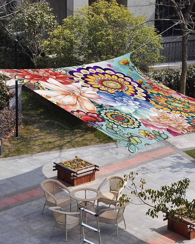 Sun Shade Sail 14'x18' Boho Floral Rectangle Sun Shade Sails Canopy Waterproof Mandala Flowers Plant Outdoor Sunshades Sand UV Block Cover Shade Cloth for Patio Backyard Garden Deck Porch Lawn