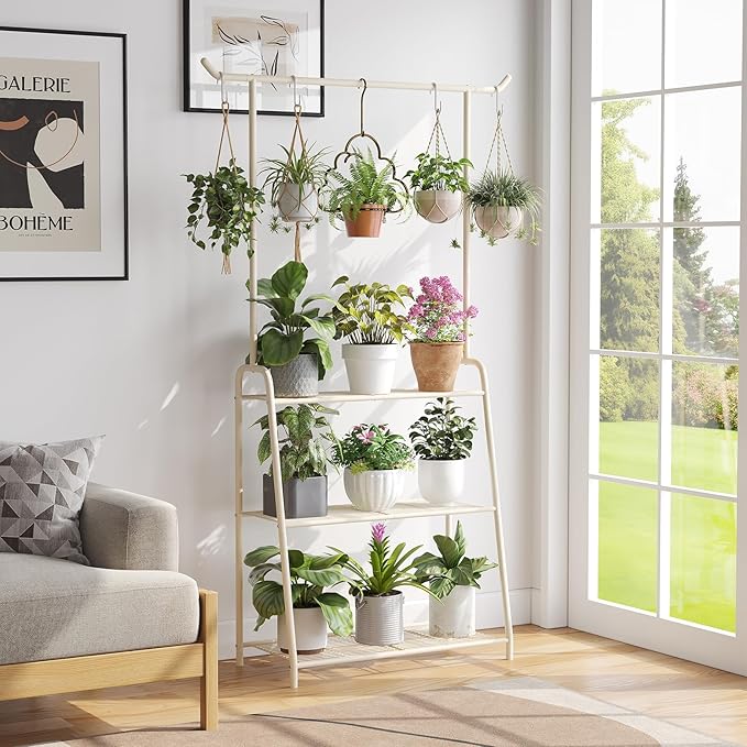 Metal Plant Stand Indoor Outdoor, 3 Tier Tall Corner Plant Shelf, Hanging Flower Ladder for Living Room, Balcony, Garden, Patio (White)