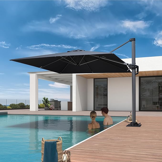 PURPLE LEAF 8' X 8' Patio Umbrella with Steel Plate Base for Pool 7' High Offset Outdoor Cantilever Umbrella Swimming Pool Umbrella with 360°Rotation for Poolside Grey
