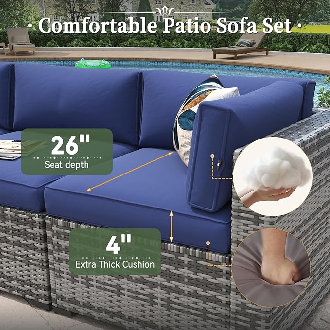 Aoxun 8 Piece Patio Furniture Set with 44'' Fire Pit Table Wicker Rattan Patio Conversation Set Outdoor Sectional Sofa Set with Coffee Table, Grey/Blue(Waterproof Cover Included)