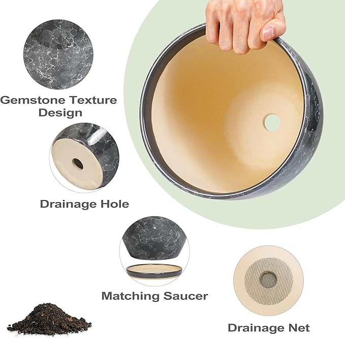 6.3 Inch Plant Pot - Ceramic Planter for Indoor with Drainage Hole and Saucer, Round Succulent Pot, Modern Flower Planters, Home Room Garden Office Decor, Gardening Gifts for Women, Grey