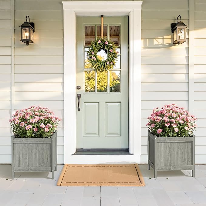 LUE BONA Outdoor Plant Pots, 13.7" x 12.5" x 14.5" HDPS Flower Pots with Drainage Holes, Outdoor Planters Boxes for Outdoor Plants - Porch Patio, Garden or Entryway, Light Gray-Oil Printed