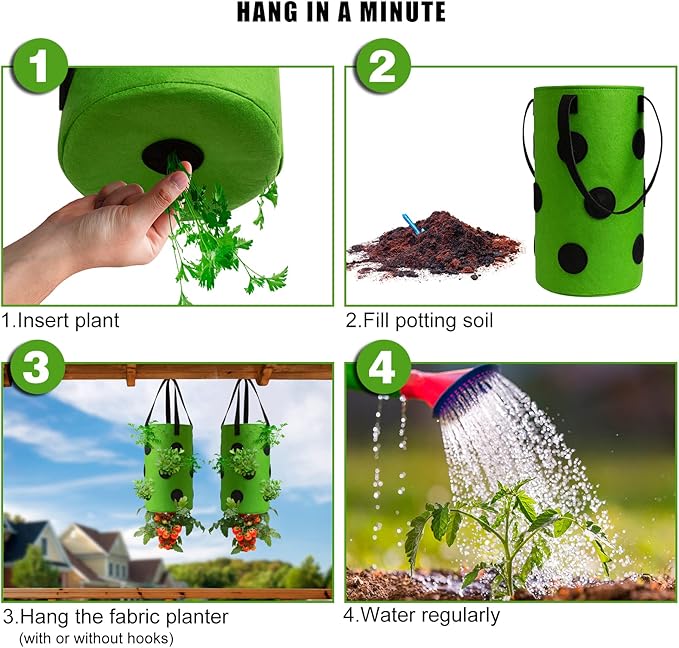 2 Pack Green Upside Down Tomato & Herb Planter, Outdoor Hanging Durable Aeration Fabric Strawberry Planter Bags
