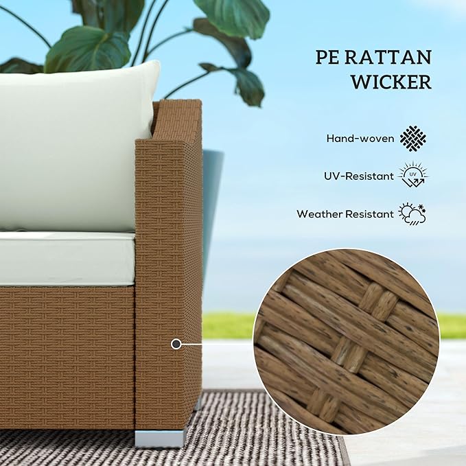 Outsunny 3 Seater Patio Sofa, Wicker Sofa with Cushions, Outdoor Furniture Rattan Couch with 2 Throw Pillows, Deep Seating, for Garden, Backyard, Porch, Light Gray