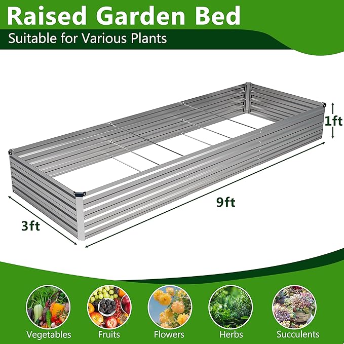 2PCS 9x3x1ft Galvanized Raised Garden Bed Kit,Metal Planter Box for Vegetables,Flowers,Herbs Durable Rust-Resistant Patio Gardening Beds,Silver