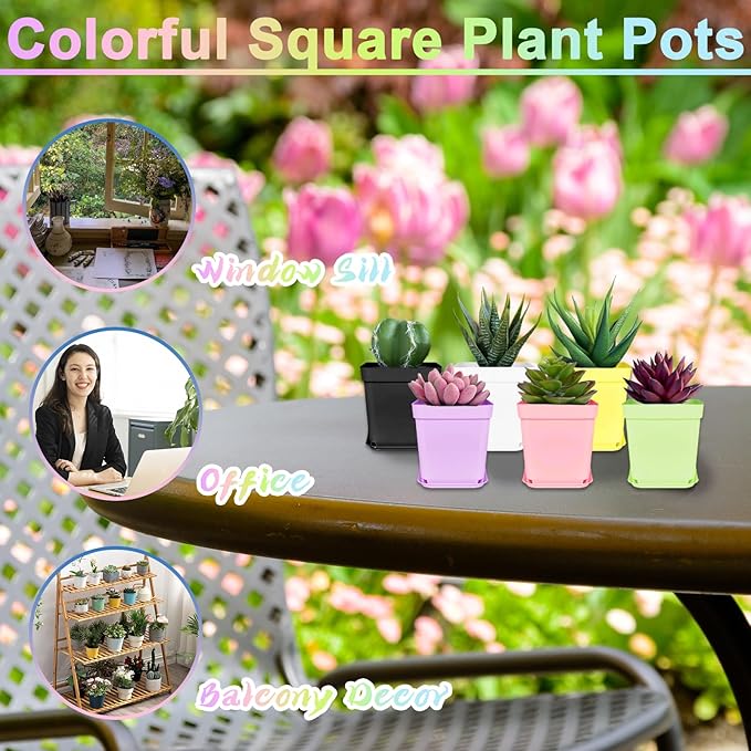 Anyumocz 70 PCS 3" Colorful Plastic Plant Pots,Plastic Square Nursery Pot,Seedling Nursery Pots with Saucers for Indoor Outdoor Plants,Garden,Flower,Home,Office,Balcony Decor