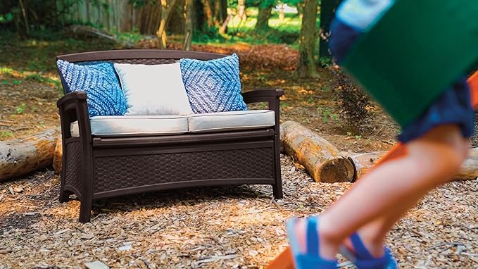 Suncast Outdoor Wicker Love Seat with 23-Gallon Storage, Comfortable Seating for Two, Ergonomic Back Support, All-Weather Furniture for Patio, Deck, and Garden, Java, Made in the USA