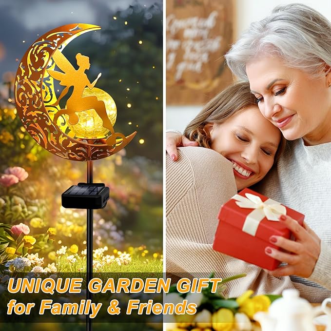 YJFWAL 2 Pack Garden Solar Lights Pathway Stake Lights Moon Fairy Glass Globe with Angel Decor, Birthday Christmas Gift for Mom Grandma Friends, Outdoor Decor Light Waterproof for Walkway, Yard, Patio
