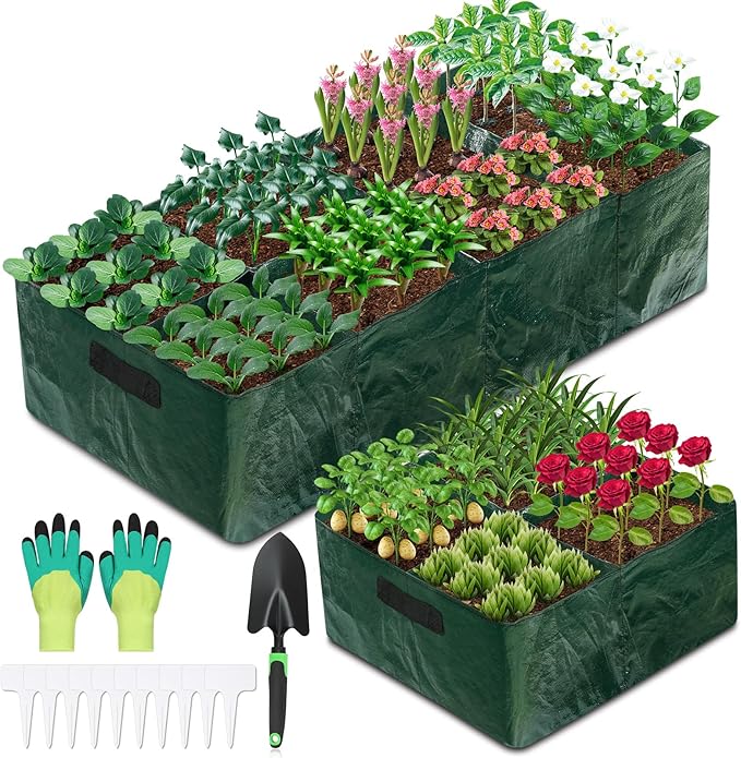Fabric Raised Garden Bed, 2 Pack 8 Grids and 4 Grids, 128 Gallon Rectangle Grow Bags with Drainage Holes, Breathable PE Planting Containers for Outdoor Vegetables Fruits Flowers