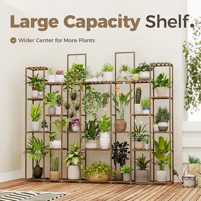 Bamworld Plant Shelf Indoor 30 Pots Large Plant Shelf Wide Tall Outdoor Plant Holder Wood for Multiple Plants Plant Rack for Living Room Garden Balcony Flower