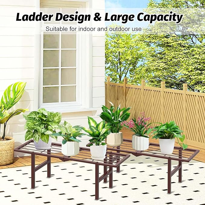 2 Pack Metal Plant Stand Outdoor Indoor, 1 Tier Folding Tiered Flower Plant Shelf, Heavy Duty Ladder Multiple Pot Display Plant Rack for Patio Garden Balcony Windowsills, Brown