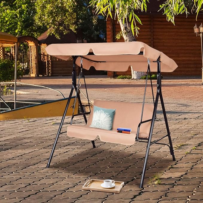 Tangkula 2 Person Porch Swing, Outdoor Swing with Removable Cushions, Solid Steel Structure, Patio Swing with Adjustable Canopy for Porch, Backyard, Garden, Balcony Beige