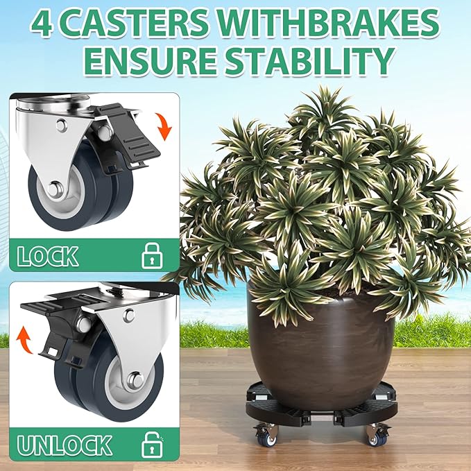 VANCASTLE Plant Caddy with Lockable Wheels Heavy Duty 450lbs Capacity, 15-22 Inch Adjustable Plant Stand with Wheels Rolling base, Plant Dolly for Flower Pot Mover Indoor Outdoor, Black, 1 Pack