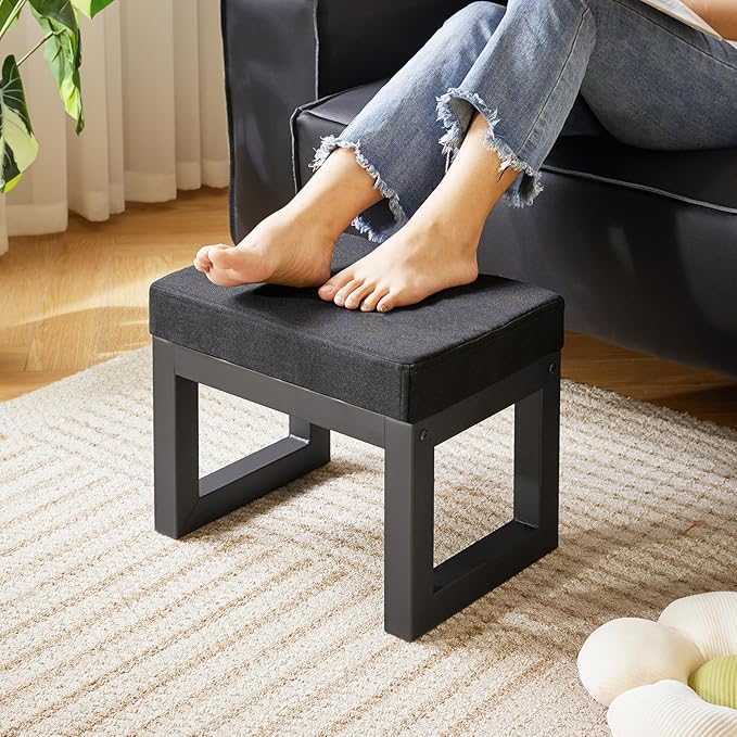 IBUYKE 16 Inch Small Foot Stool Ottoman, Rectangle Linen Foot Rest with Padded Seat and Metal Legs, Modern Ottoman Foot Rest for Living Room Bedroom Entryway Couch, Black WBD001B