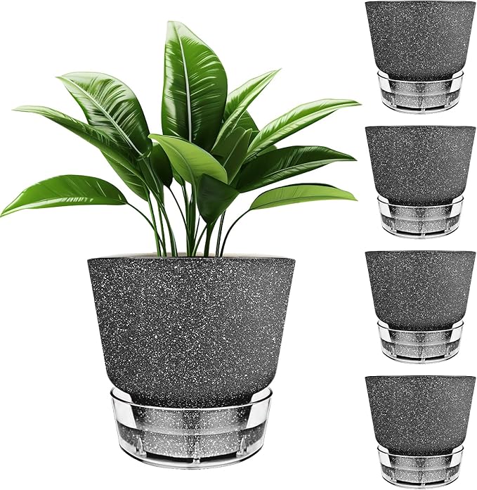 2024 Upgraded 5 Pack 6-Inch Self-Watering Planter Pots with Deep Reservoir for Indoor and Outdoor Plants with Planting Tools (Frosted Black)