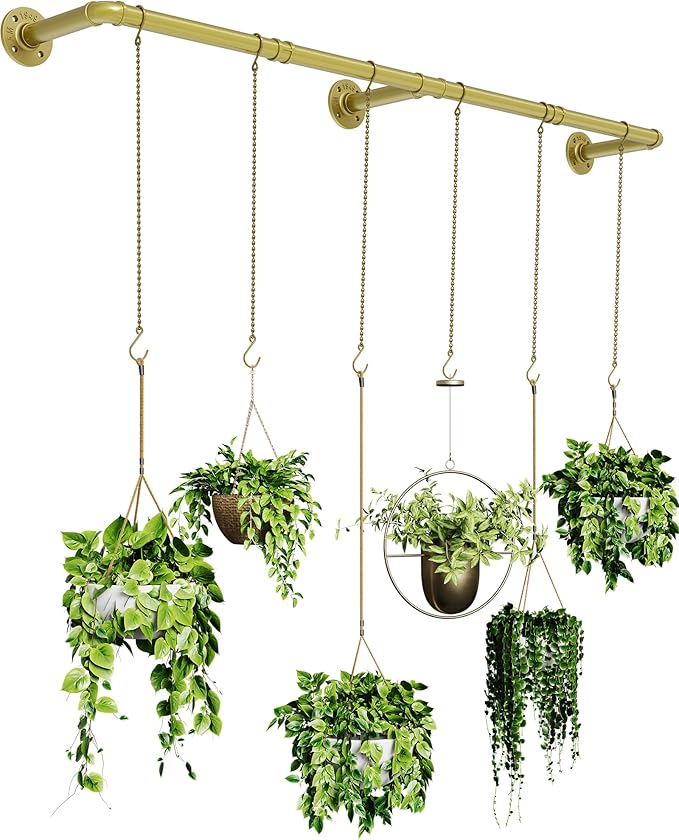 Plant Haning Rod, Hanging Planters for Indoor Plants with 6 Chains, Wall Plant Hanging Bar for Window Celling, 65.7 Inch, Metal Gold, Pots Not Included