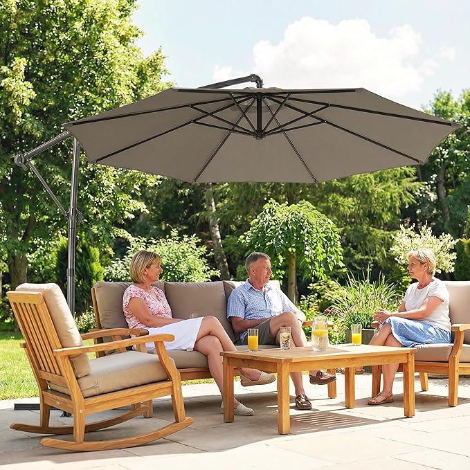Outsunny 10 ft Offset Patio Umbrella with Cover, Round Hanging Cantilever Umbrella with 6-Position 360° Rotation, Crank Handle, Tilt, Cross Base, Heavy Duty Outdoor Umbrella for Garden