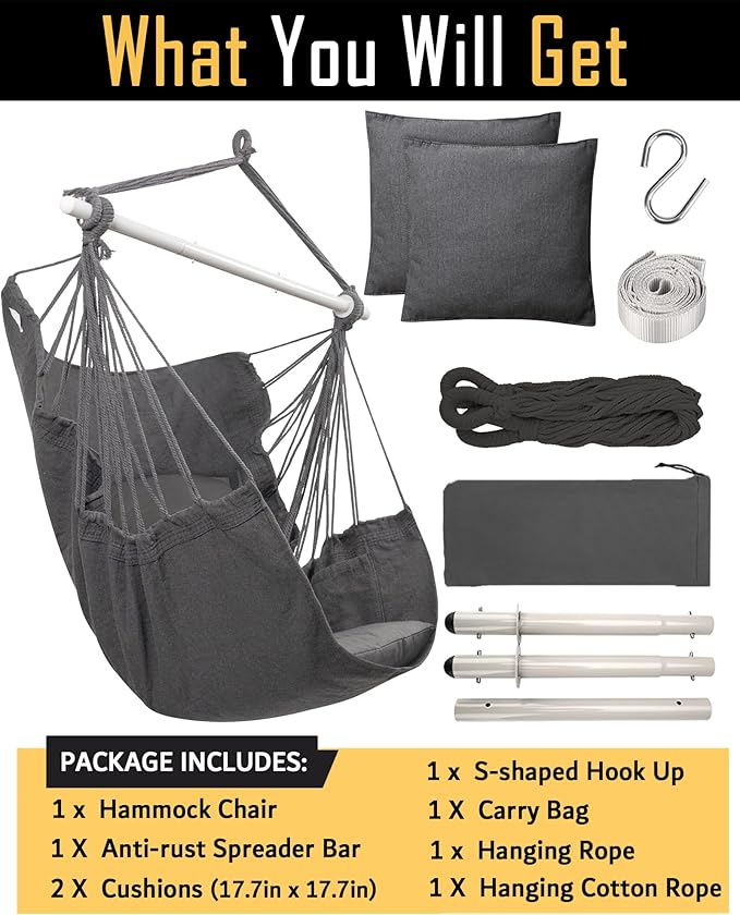 MIZTLI Hammock Chair Hanging Chair Swing Chair Hanging Chair for Bedroom Indoor Outdoor- Max 500 Lbs－Steel Spreader Bar with Anti-Slip Rings, 2 Cushions