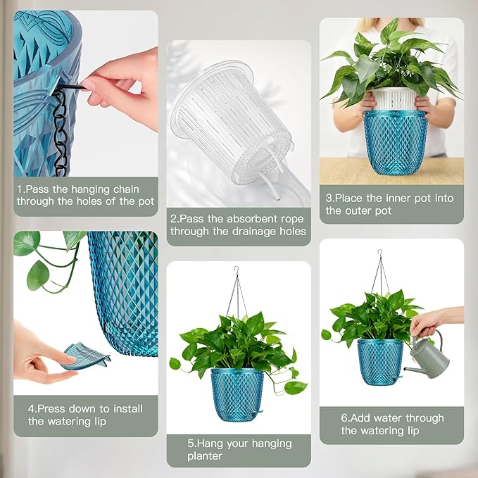 QCQHDU Self Watering Hanging Pots, 2 Pack 7.2 Inch Hanging Planters for Plants Indoor, Outdoor Plant Hanger Flower Pots with Drainage Holes and 3 Hooks Chains for Garden Home (Klein Blue)
