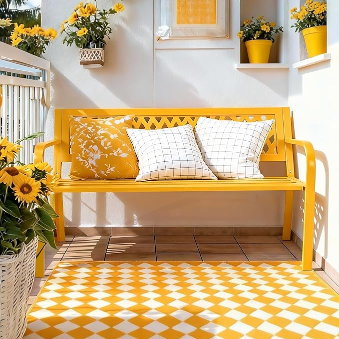 VINGLI 47'' Outdoor Bench, Weather Resistant Garden Patio Bench Powder Coated Iron Frame w/PVC Mesh Backrest Slatted Seat, 2-Person Outdoor Furniture for Front Porch Entryway Park (Yellow)