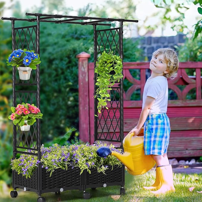 Planter Box with Trellis Outdoor, 53.1in Plastic Raised Garden Bed with Trellis Hanging Roof for Vine Flower, with Lockable Wheels & Drain Plug for Patio Backyard Balcony, Black, 1 Pc