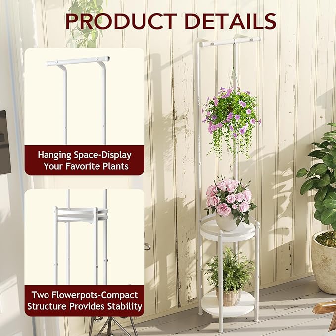 Plant Stand Indoor Outdoor - Heavy Duty Metal 2-tier Hanging Plant Holder Space-Saving Iron Plant Stands Tall Plant Shelf for Living Room Garden Balcony (White)