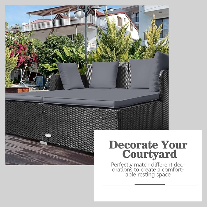 Tangkula Outdoor Rattan Daybed, Wicker Furniture with Spacious Seat, Upholstered Cushion & High-Resilience Sponge, Patio Sofa Set with 4 Pillows, 2-Person Sunbed for Poolside Backyard Garden & Balcony
