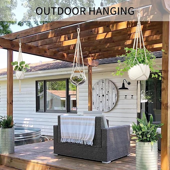 Macrame Plant Hanger - Fits 4 to 13 inches Pots for Indoor Outdoor, 34"/41"/46" 3 Sizes Set, Ivory (POTS NOT Included)