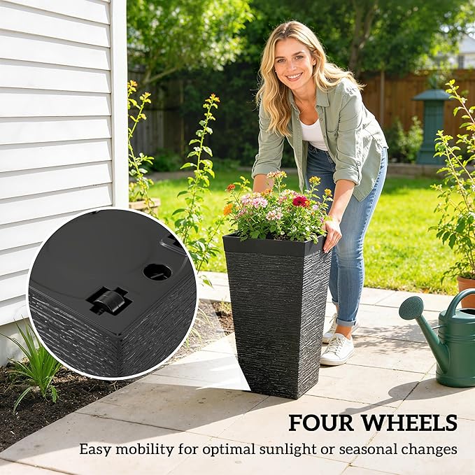 Outsunny 22.8 Inch Tall Planters for Outdoor Plants, Set of 3 Plastic Flower Pots with Stone Finish and Wheels, Stackable Tapered Planters with Drainage Hole for Indoor Plants, Front Porch, Black