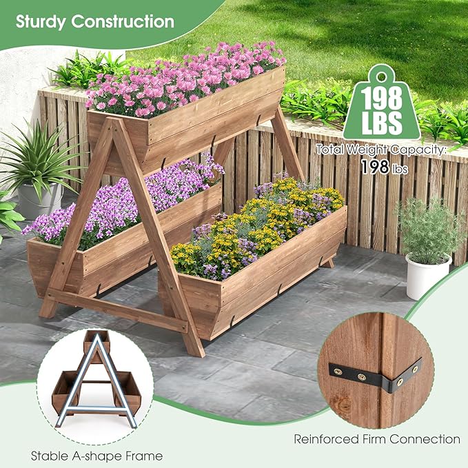 Giantex Vertical Raised Garden Bed, 3 Large Wood Planter Boxes for Flower Vegetable Fruit Herb, Freestanding Planter with Drain Holes, Elevated Raised Beds for Indoor Outdoor Lawn Patio Yard, Brown